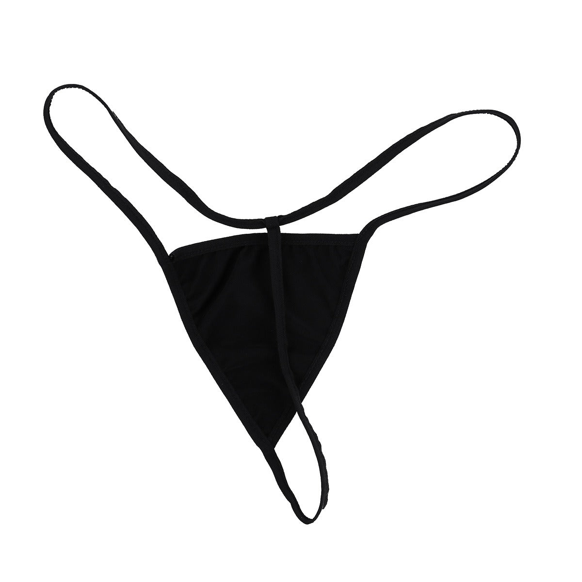 Black strappy thong with minimal coverage, perfect for layering under outfits or as a lingerie item.