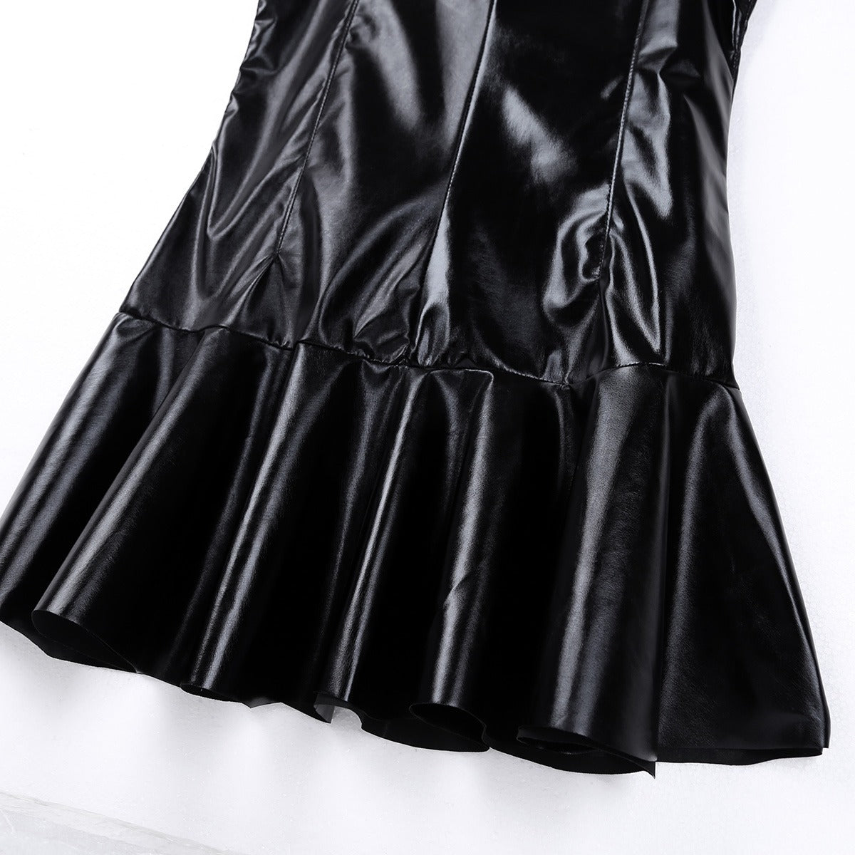 Womens Cocktail Dresses  in Black / Wetlook Babydoll PU Leather High Collar Bottom Flare Mini Dress - HARD'N'HEAVY