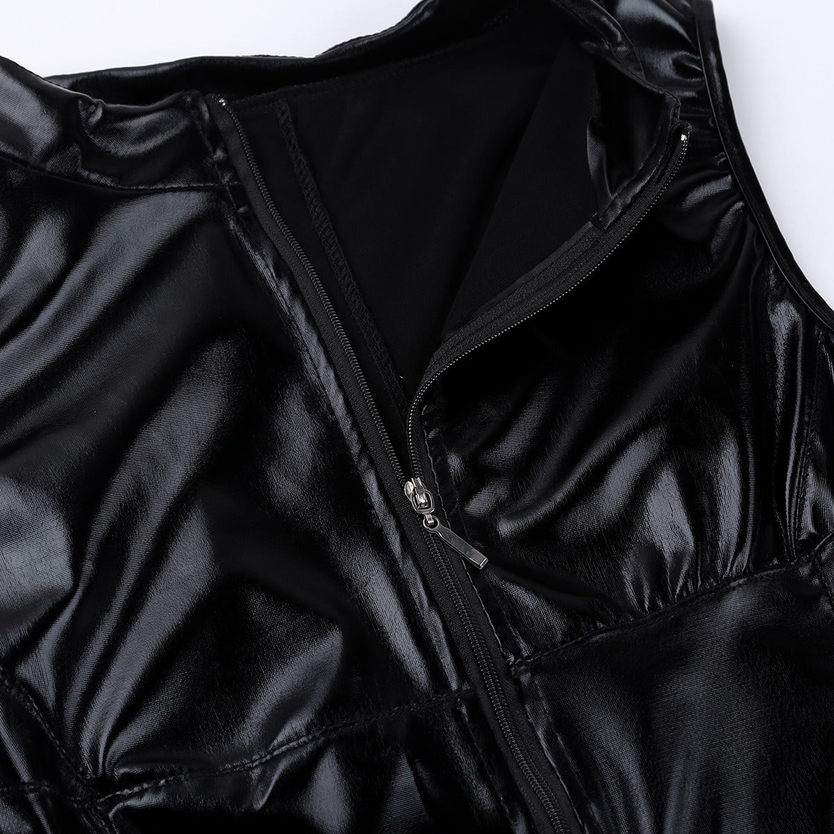 Close-up of a black PU leather mini dress with a turtleneck and a back zipper for easy wear.