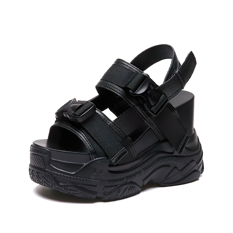 Stylish women's black platform sandals with buckle closure, perfect for summer and trendy outfits.