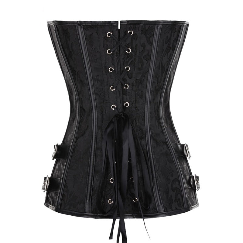 Women's steampunk corset with floral pattern, laced back, vintage style, perfect for parties and daily wear.