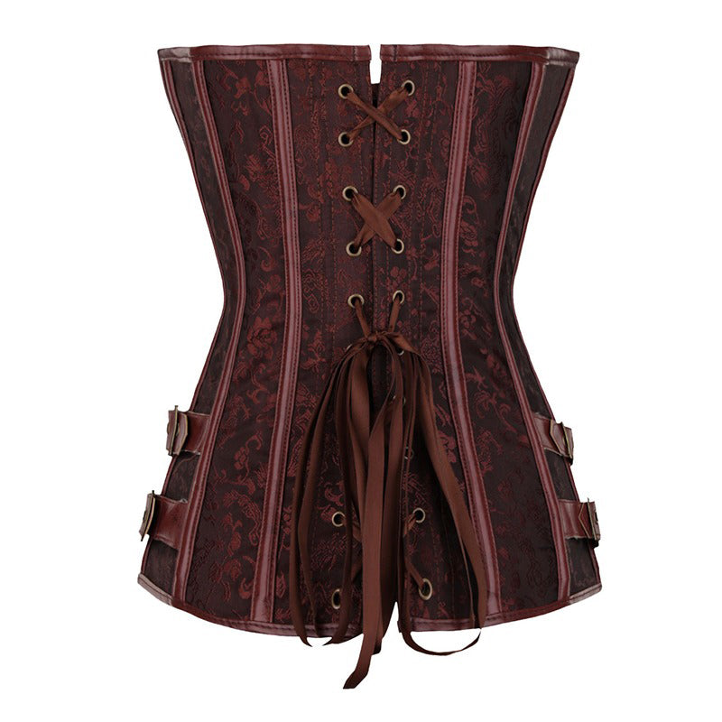 Women's steampunk overbust corset with floral pattern, lacing, and vintage design details.