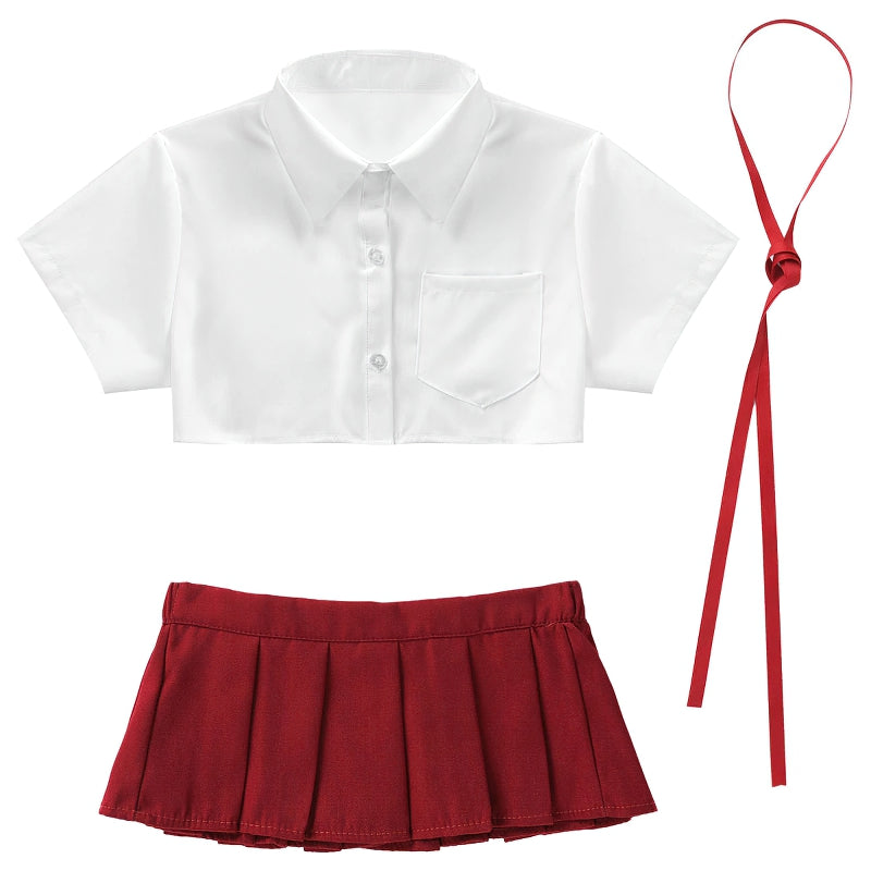 Women's Cosplay Costume With Turn-down Collar / Crop Top With Ribbon and Mini Pleated Skirt - HARD'N'HEAVY