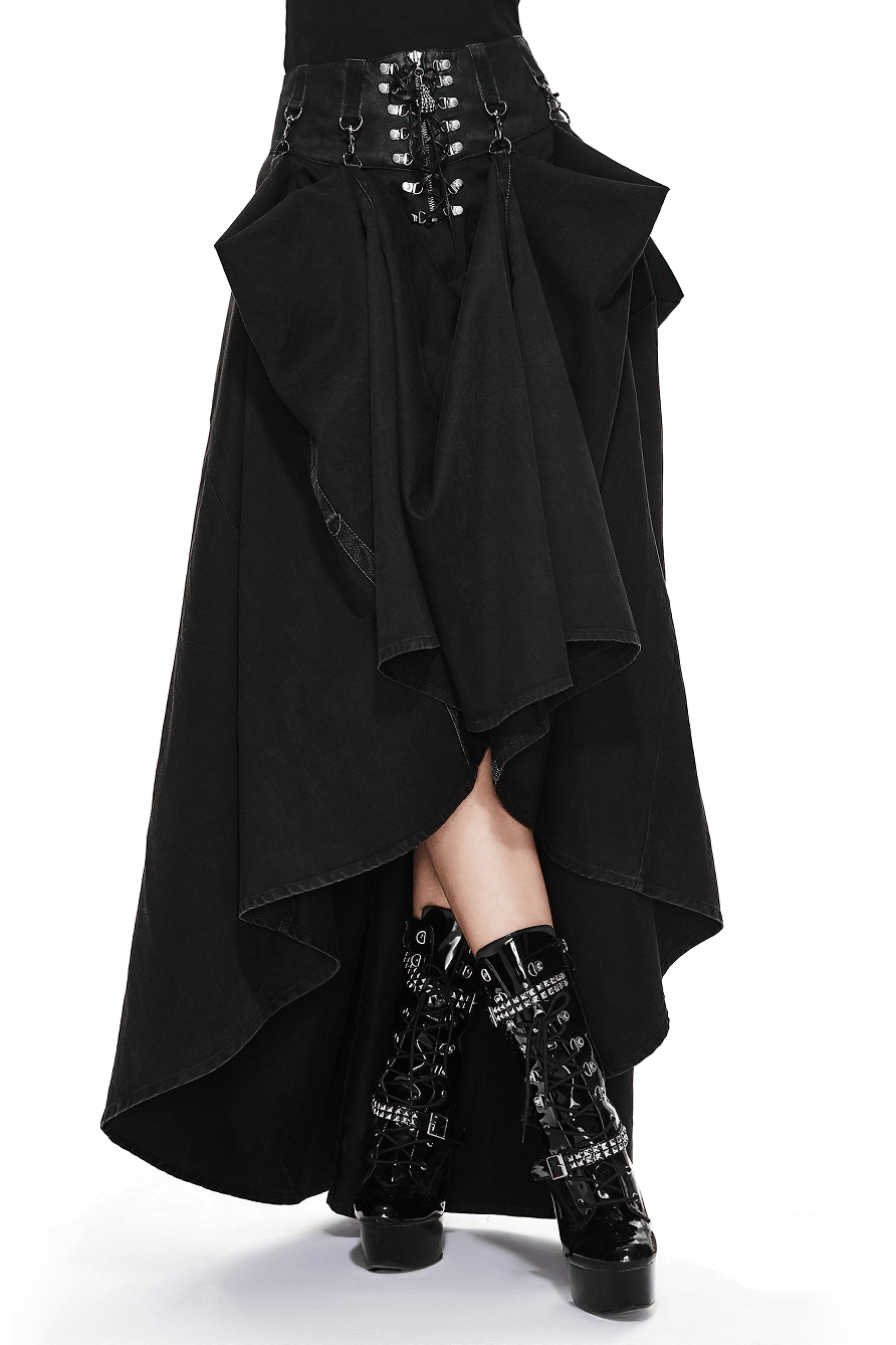 Women's black steampunk long skirt with layered design and high waist, perfect for stylish outfits.