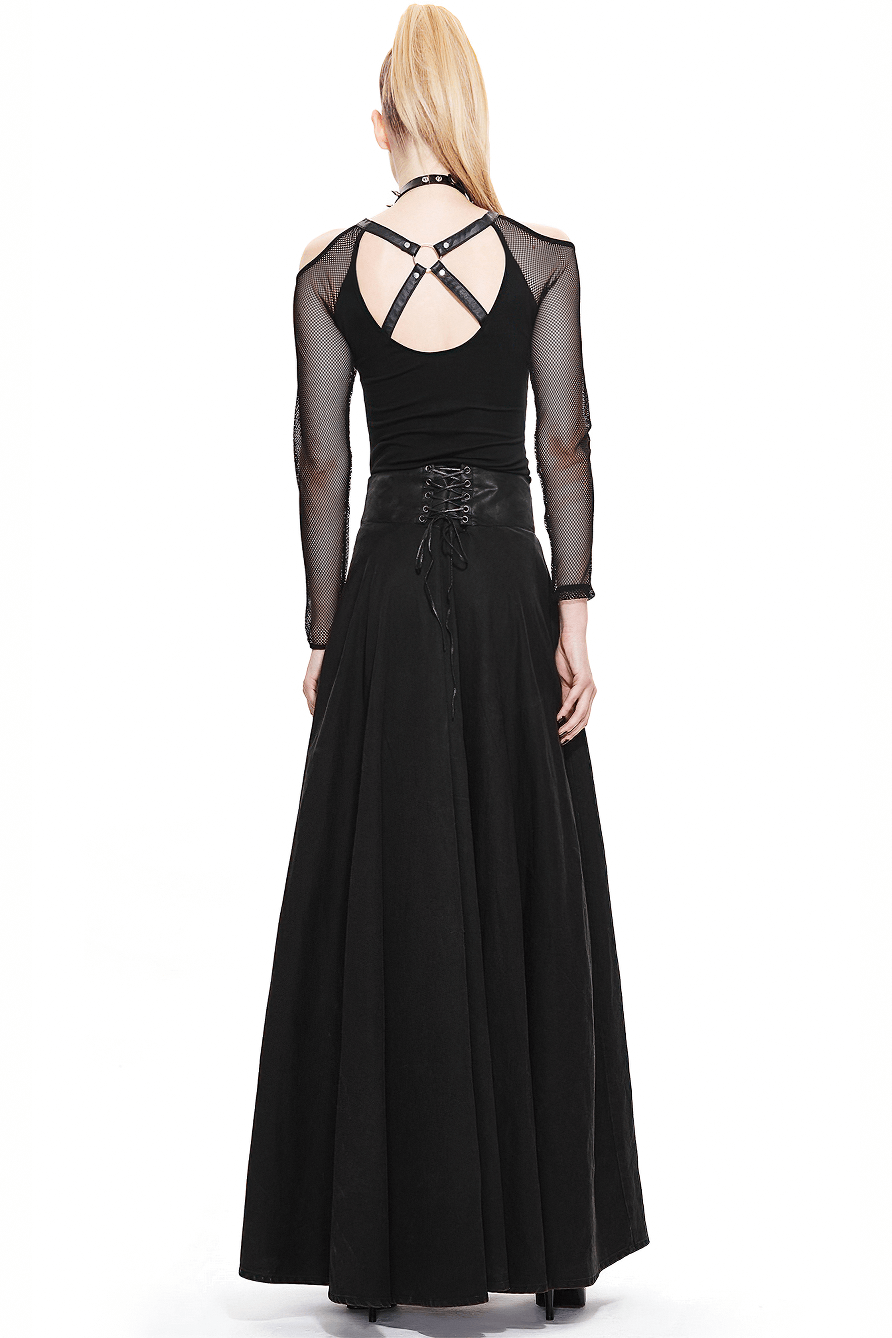 Back view of a stylish women's black high waist steampunk skirt, showcasing layered design and vintage elegance.