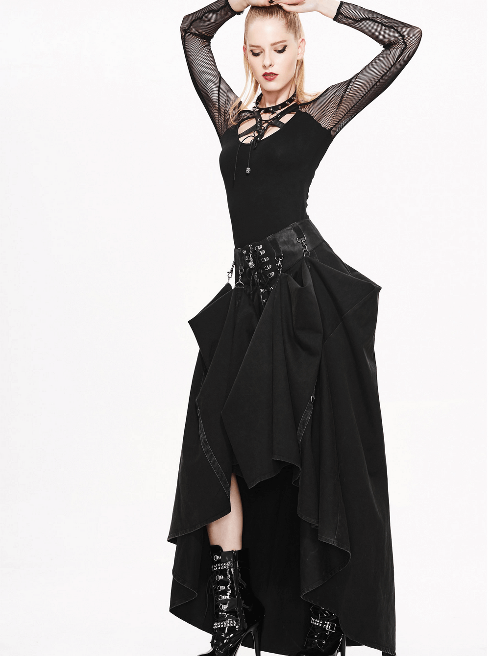 Stylish women's steampunk black high waist skirt with layered design and gothic elements, perfect for trendy outfits.