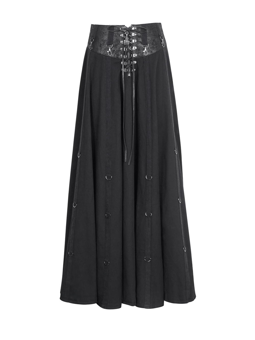 Stylish black women's steampunk long skirt with high waist and lace-up detail, perfect for creating trendy outfits.