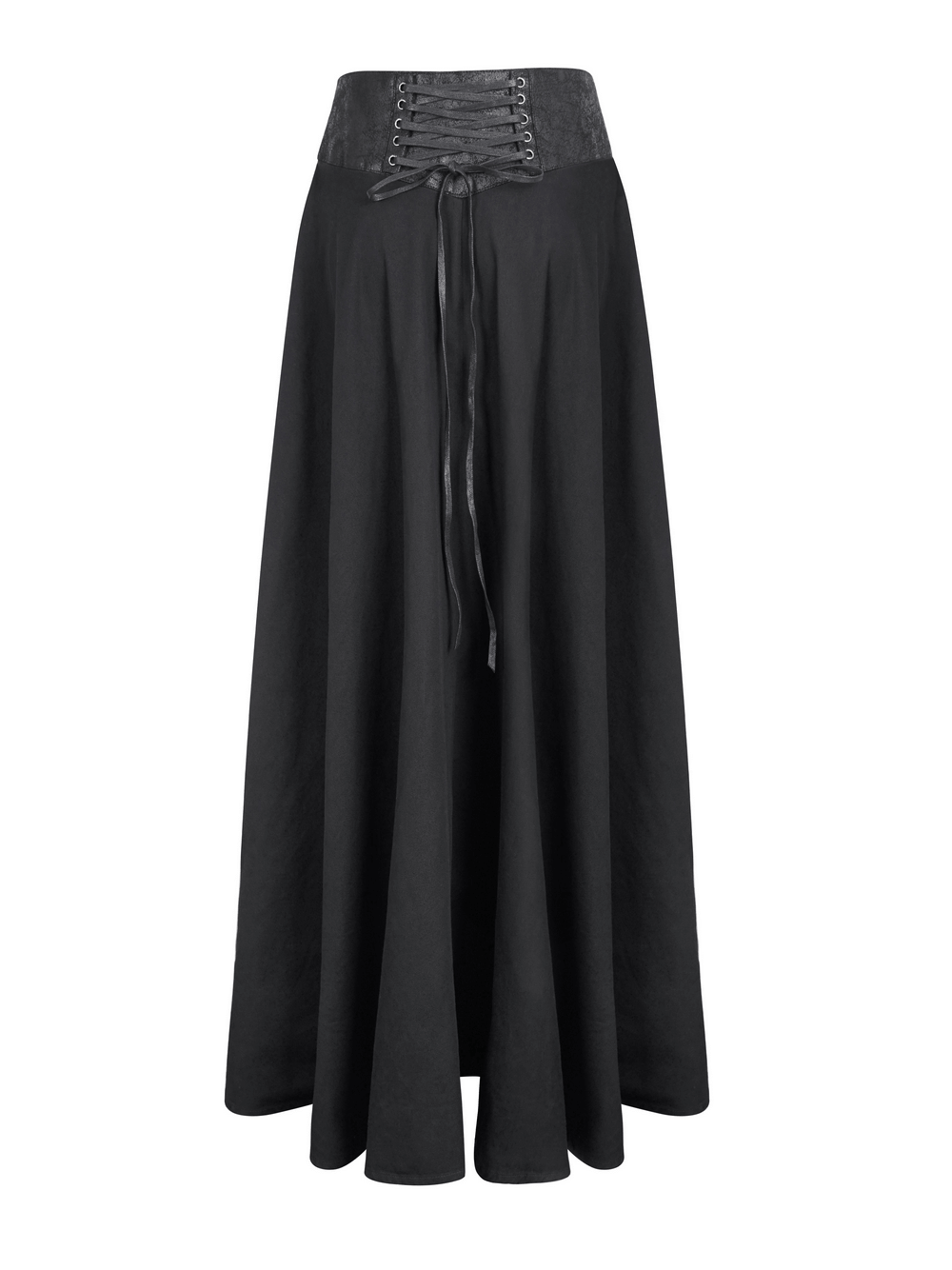 High waist black steampunk long skirt with lace-up detail, perfect for creating trendy vintage outfits.
