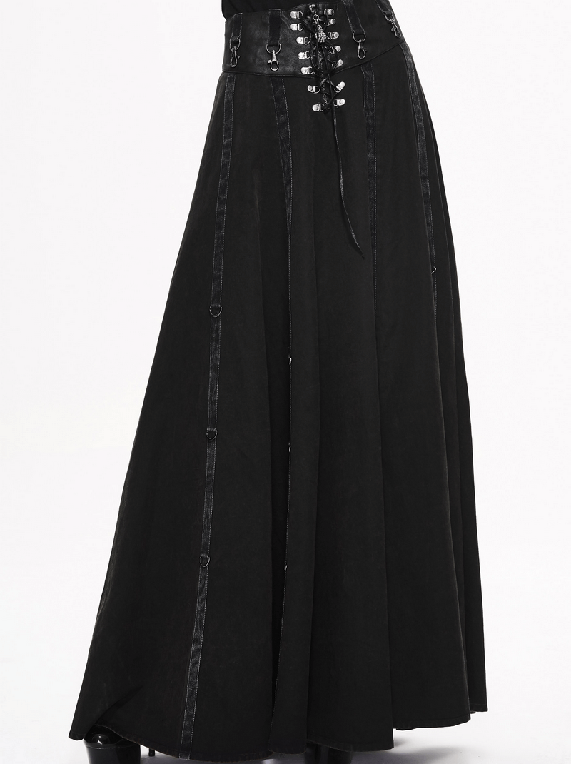 Stylish women's black steampunk long skirt with a high waist and lace-up detail for a trendy gothic look.