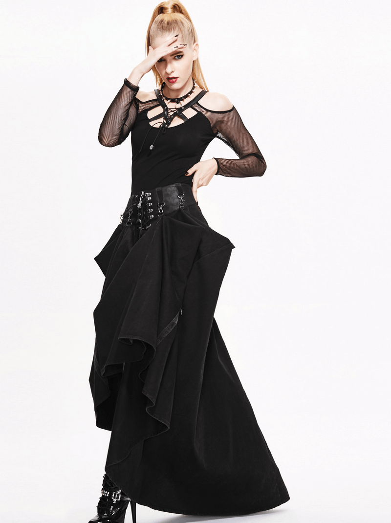 Stylish woman in black steampunk skirt, showcasing layered design and high waist, perfect for trendy outfits.