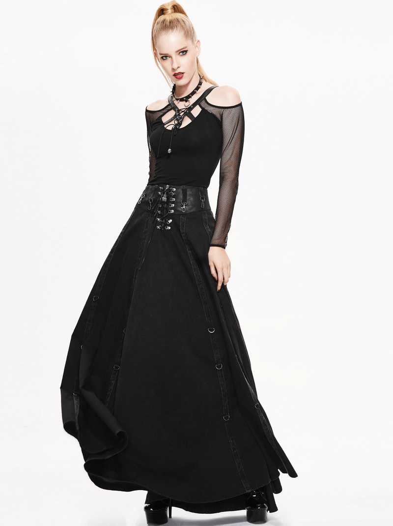 Black steampunk gothic long skirt with high waist and layered design, paired with stylish top for a trendy look.