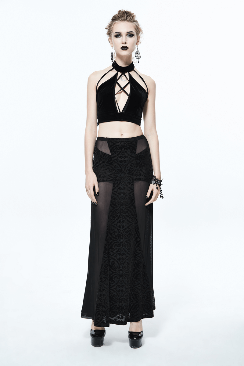 Gothic style women's black crop top with crossed front, paired with a long black embroidered skirt.