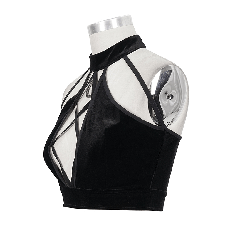 Women's black gothic crop top with crossed front design and stylish velvet finish.