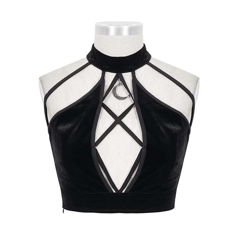 Women's gothic black crop top with crossed front neck and crescent pendant, stylish and trendy design.