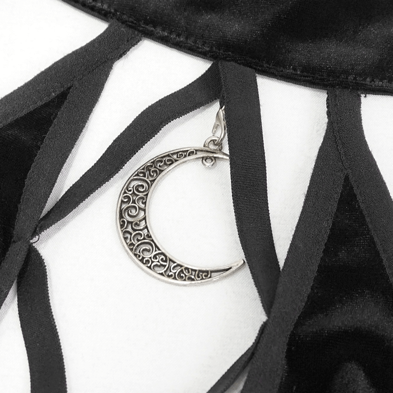 Close-up of gothic black crop top showing crescent moon pendant detail and stylish crossed front design.