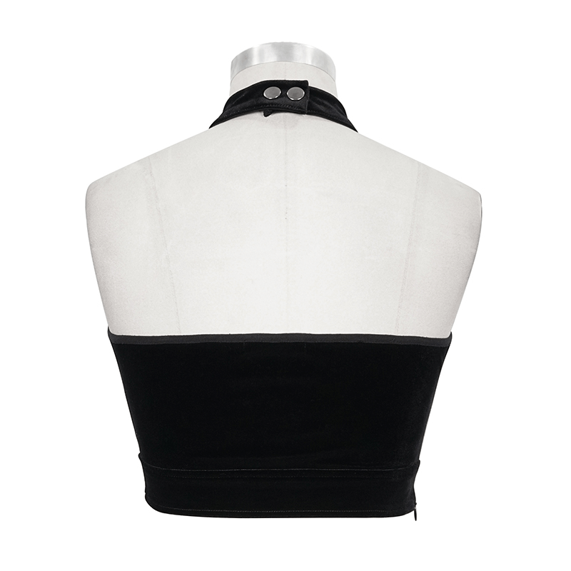 Back view of elegant black women's gothic crop top featuring a stylish collar and button accents.