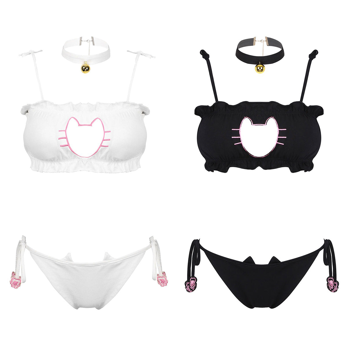 Women's Cute Cat Cosplay Costume featuring playful padded bras and briefs with cat ear details and a neck choker.
