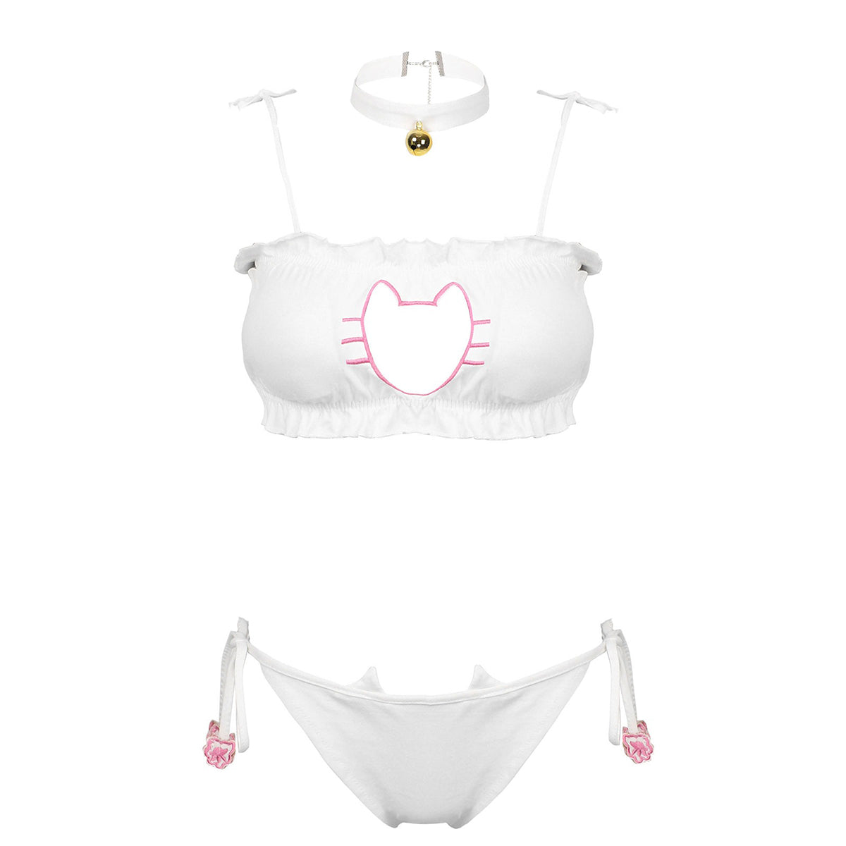 Women's cute cat cosplay costume set with padded bra, briefs, and neck choker featuring playful cat designs.