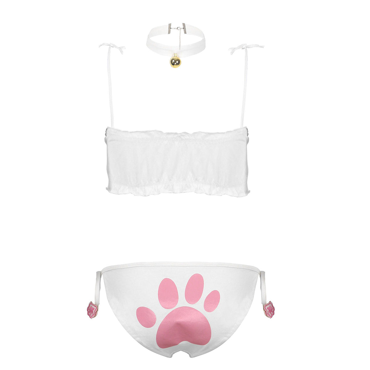 Women's cute cat cosplay costume with padded bra, briefs featuring paw print, and neck choker for playful role play.