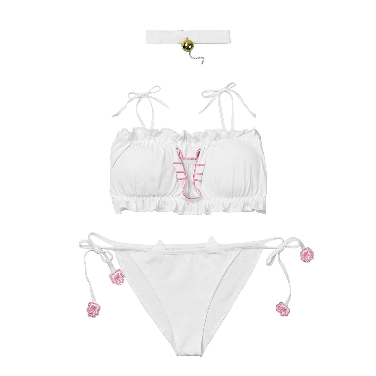 Women's cute cat cosplay costume set with padded bra, briefs with ears, and choker for playful role play.