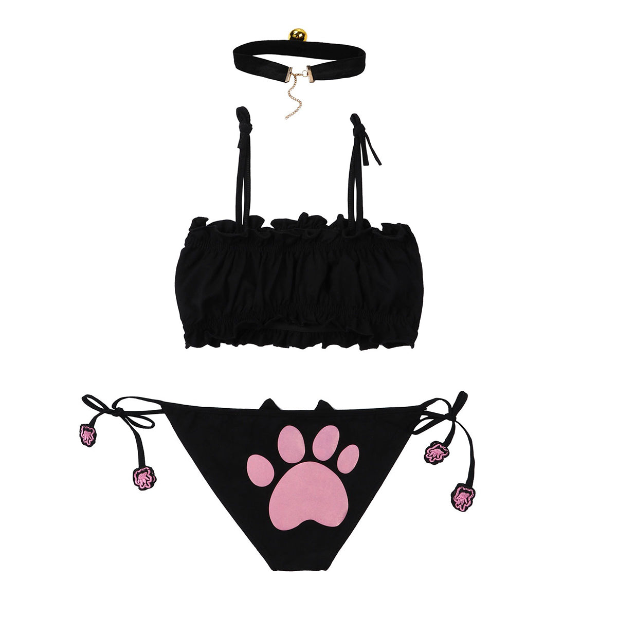 Women's cute cat cosplay costume featuring a padded bra, paw print briefs, and a neck choker for playful role play.