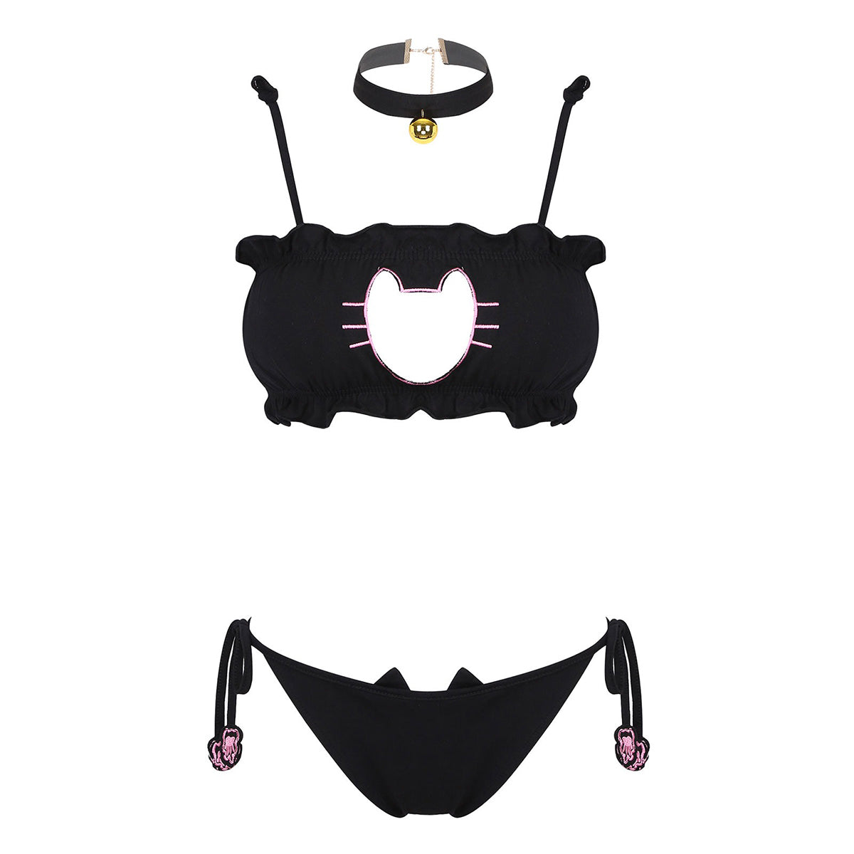 Women's cute cat cosplay costume featuring padded bra, briefs with ears, and a playful neck choker.