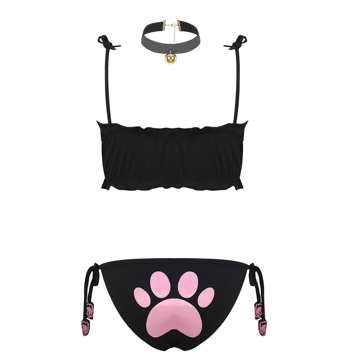 Women's cute cat cosplay costume set featuring padded bra, paw print briefs, and stylish neck choker.