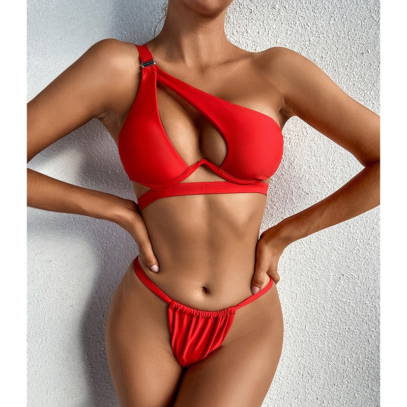 Women's Cute Two-Piece Swimsuits / One Shoulder Push-Up Bikinis In Black And Red Colors - HARD'N'HEAVY