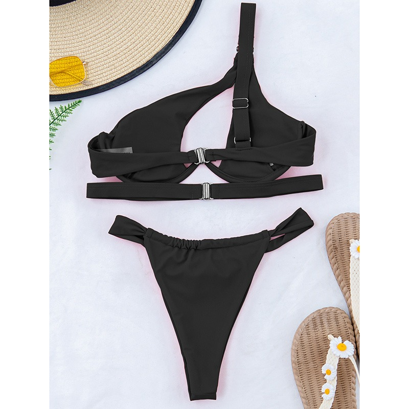 Stylish black one-shoulder push-up bikini set for women, featuring a sexy two-piece design perfect for beach outings.