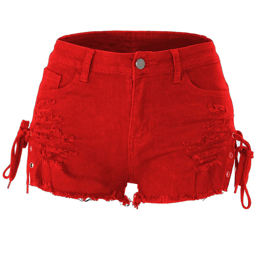 Stylish women's red high waist denim shorts with lace-up details and distressed finish.