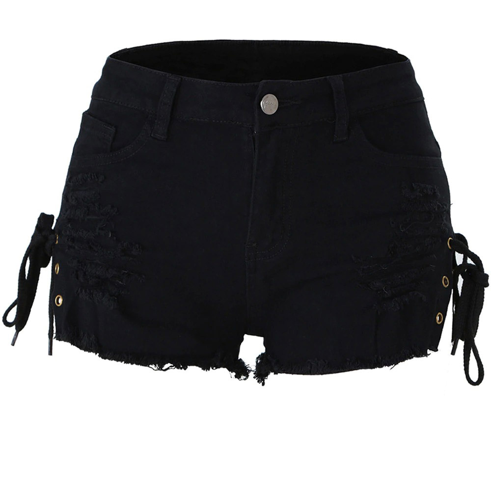 High waist black denim shorts with lace-up detail and frayed hem, perfect for summer outfits.
