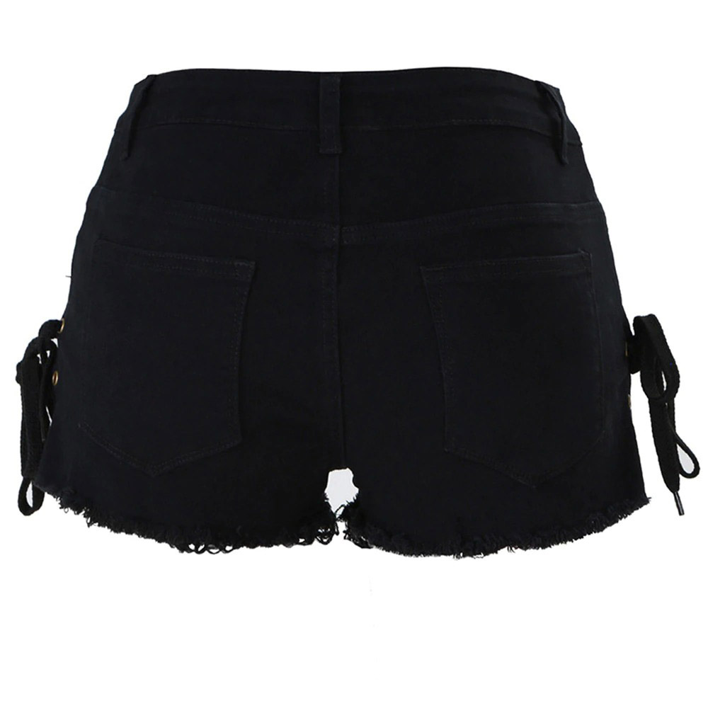 Back view of women's high waist lace-up denim shorts, featuring pockets and stylish frayed hem. Perfect for summer outfits.