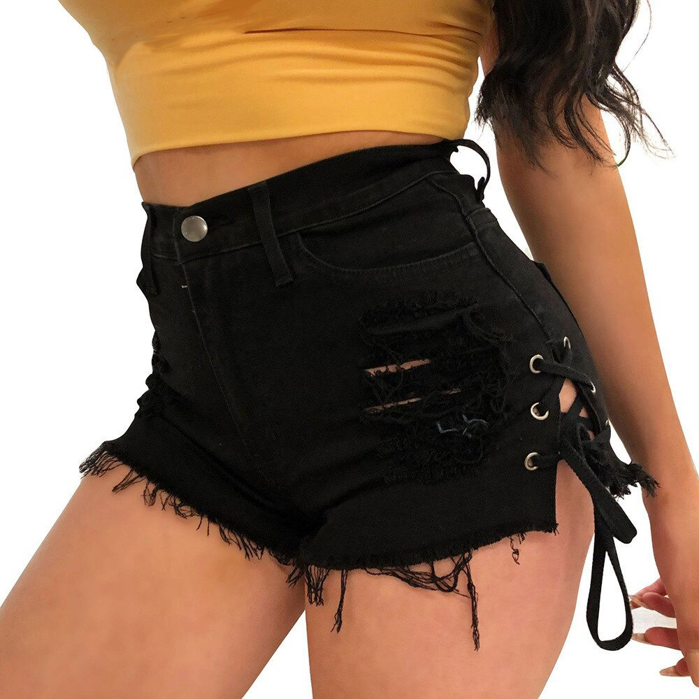 Women's high waist lace-up denim shorts with a stylish ripped design, perfect for summer outfits.