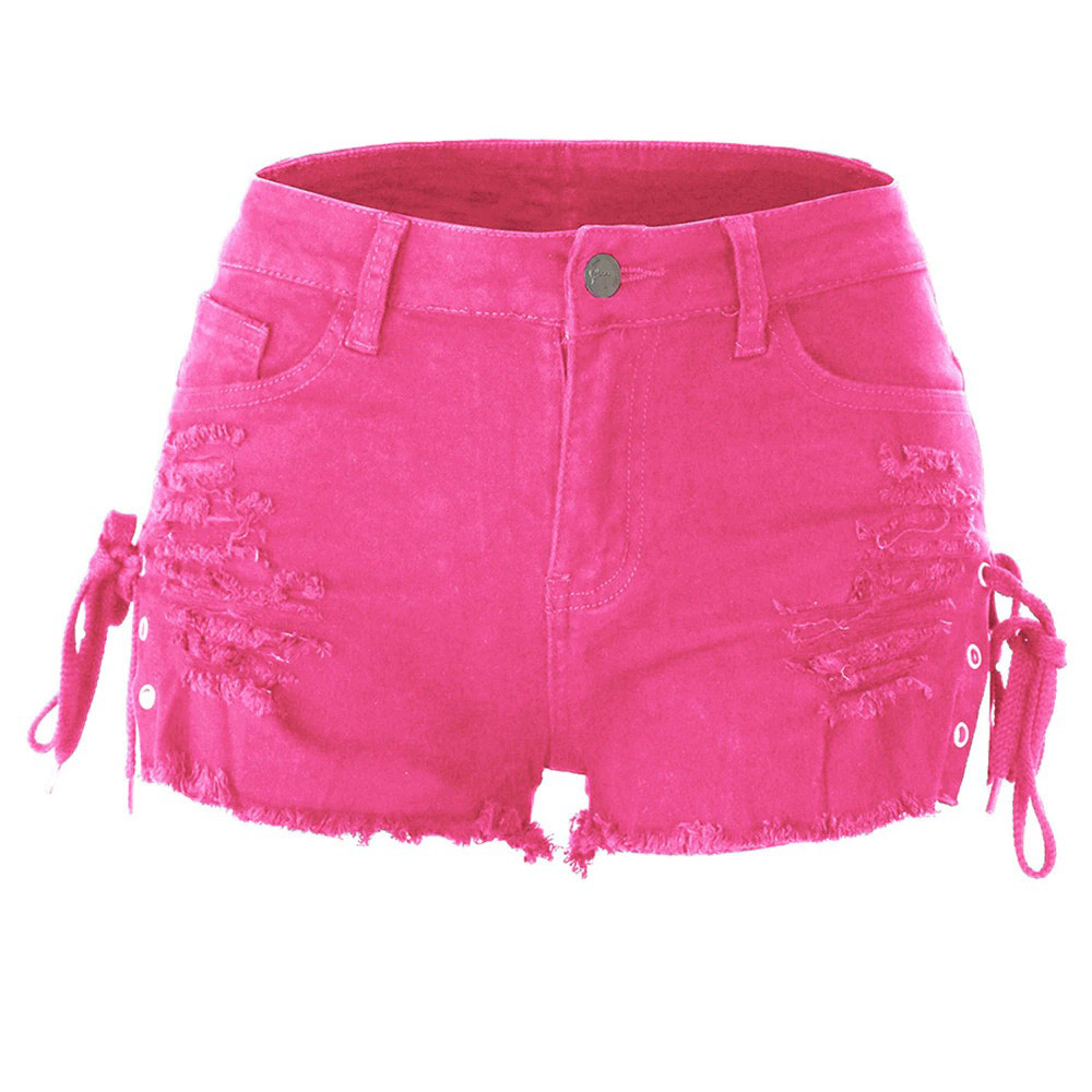 Stylish women's high waist pink denim shorts with lace-up details and distressed design for summer fashion.