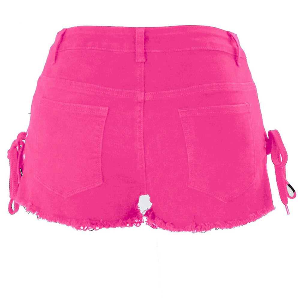 Bright pink women's high waist denim shorts with lace-up sides and frayed hem, perfect for summer styling.