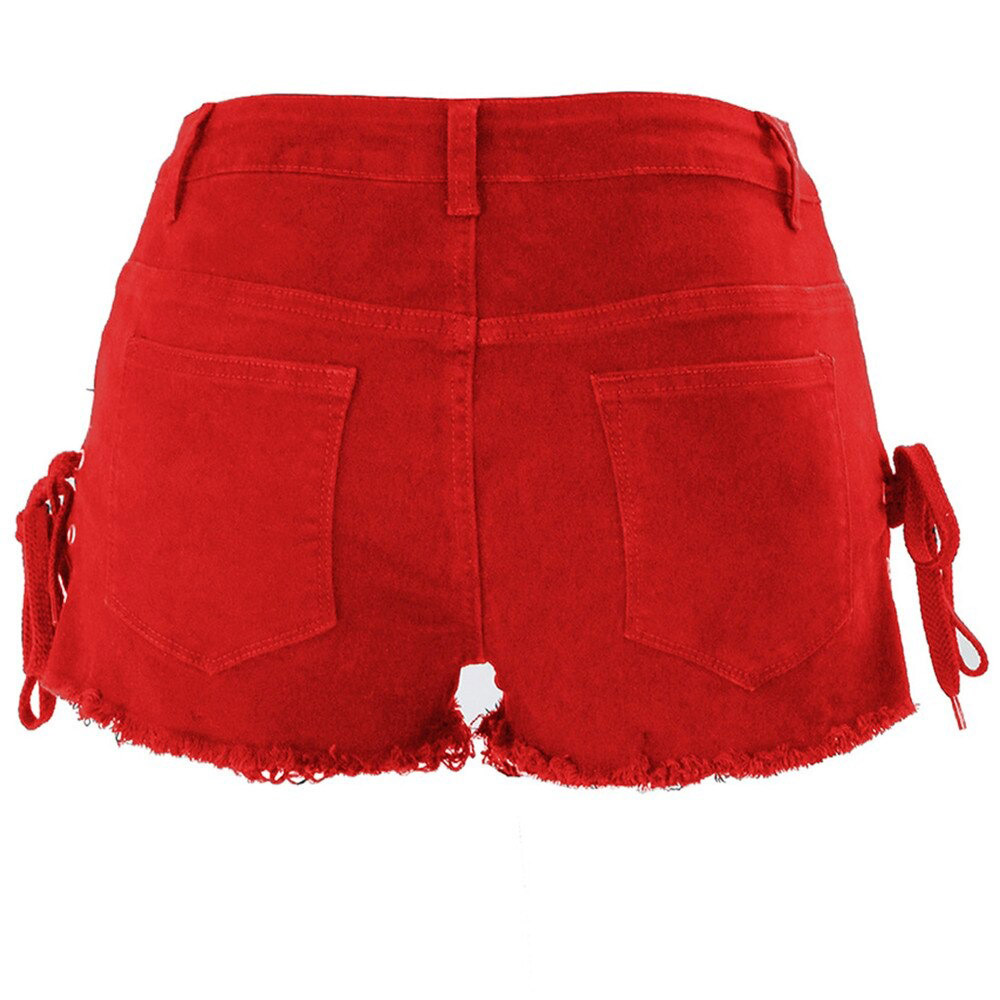 Women's red high waist lace-up denim shorts with frayed edges and pockets, perfect for stylish summer outfits.