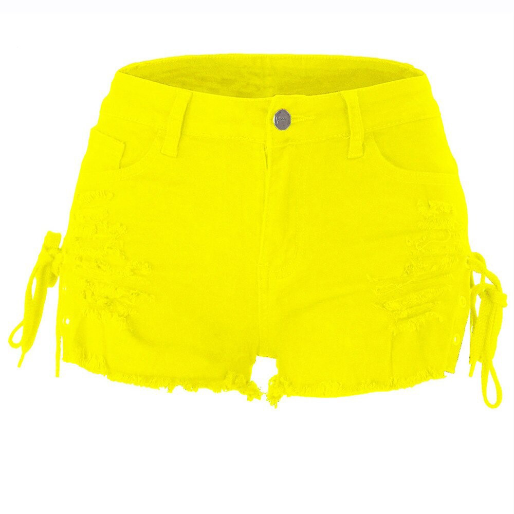 Bright yellow high waist denim shorts with lace-up details and distressed design for a stylish summer look.