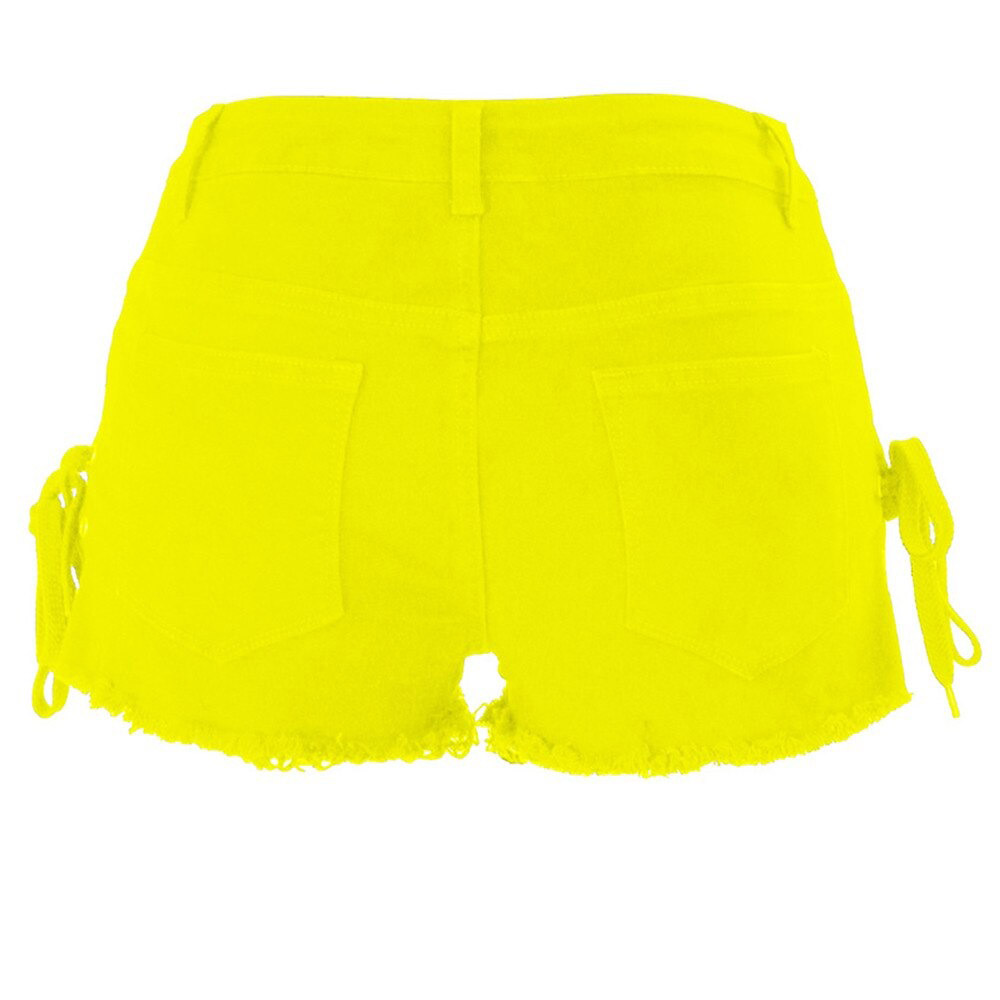 Bright yellow women's high waist lace-up denim shorts with back pockets and frayed hem.