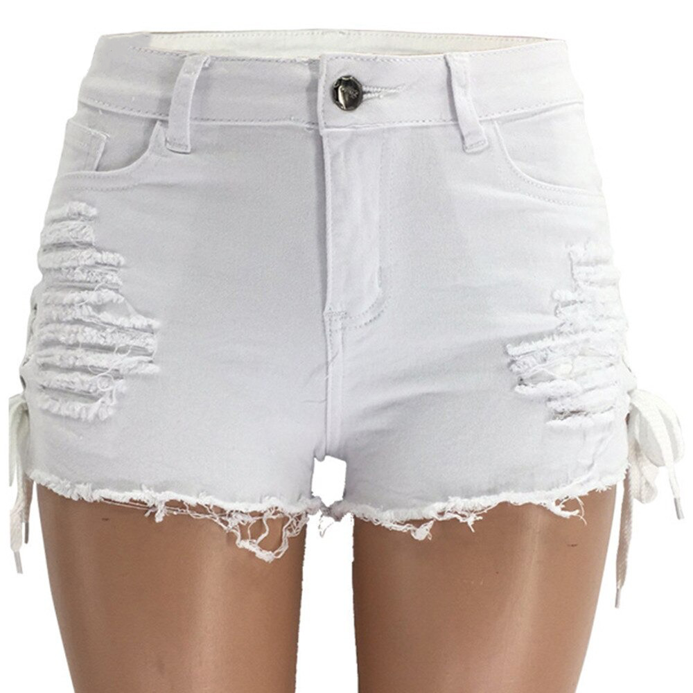 Stylish white high-waist denim shorts with lacing and distressed details for a chic summer look.