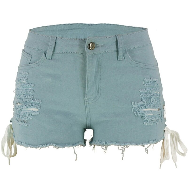 Stylish women's high waist lace-up denim shorts in light blue with distressed details and pockets.