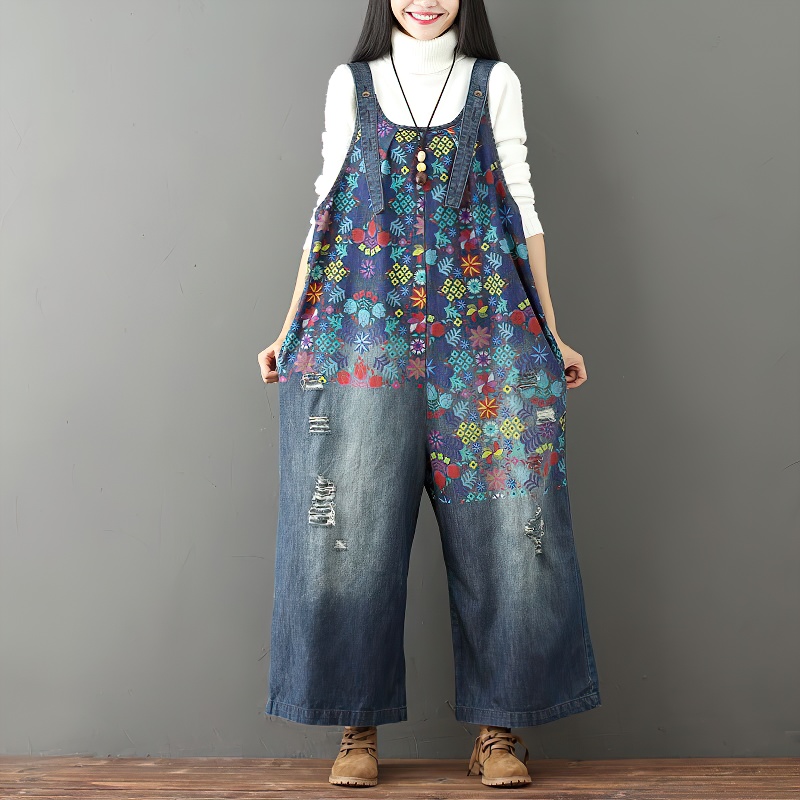 Women's Denim Vintage Pants / Floral Print Fashion Female Apparel / Wide Leg Jumpsuits - HARD'N'HEAVY