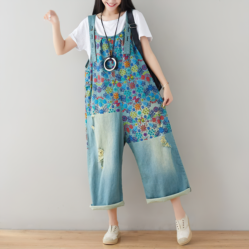 Women's Denim Vintage Pants / Floral Print Fashion Female Apparel / Wide Leg Jumpsuits - HARD'N'HEAVY