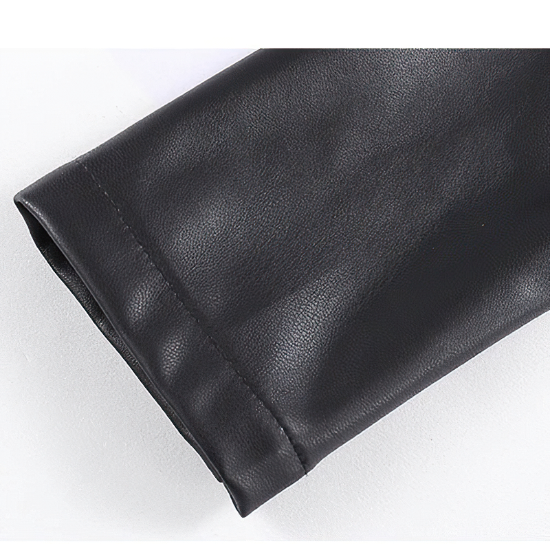 Close-up of the sleeve of a women's black PU leather rock dress featuring elegant texture and finish.
