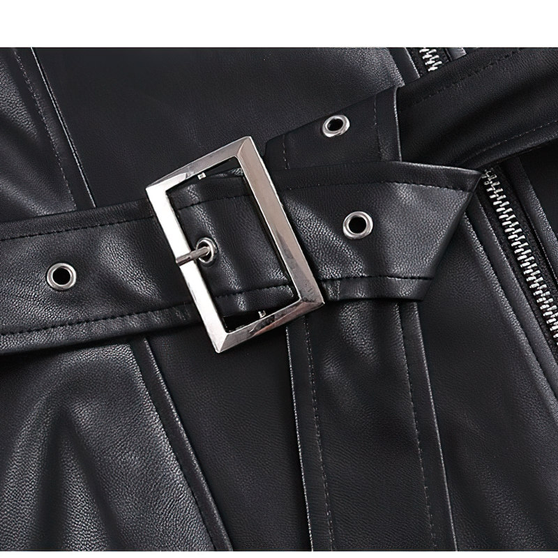 Close-up of the silver buckle detail on a women's black PU leather dress, showcasing rock style elegance.