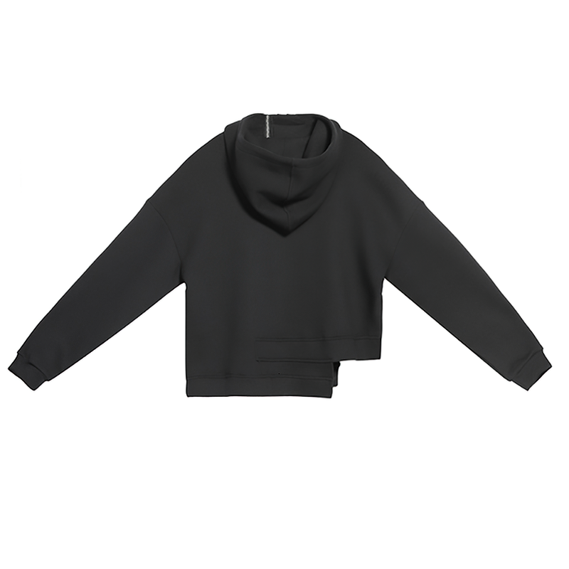 Back view of women's double layer solid loose drawstring sweatshirt in black, showcasing oversized design and hood.