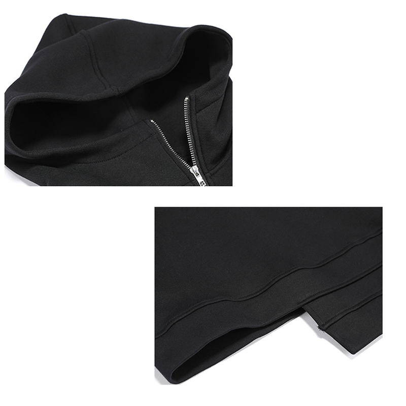 Close-up of black women's double layer hoodie with drawstring and decorative inserts, showcasing its stylish design.