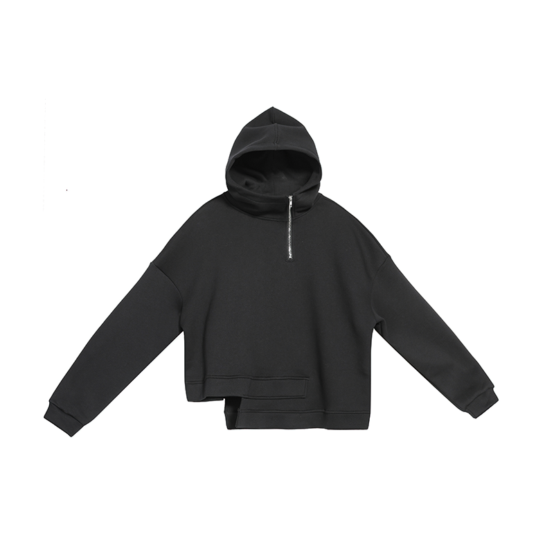 Women's black double layer drawstring sweatshirt with oversized hood and stylish cut.