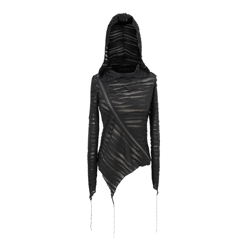 Trendy women's black elastic hoodie with long sleeves, oversized hood, and unique torn design.