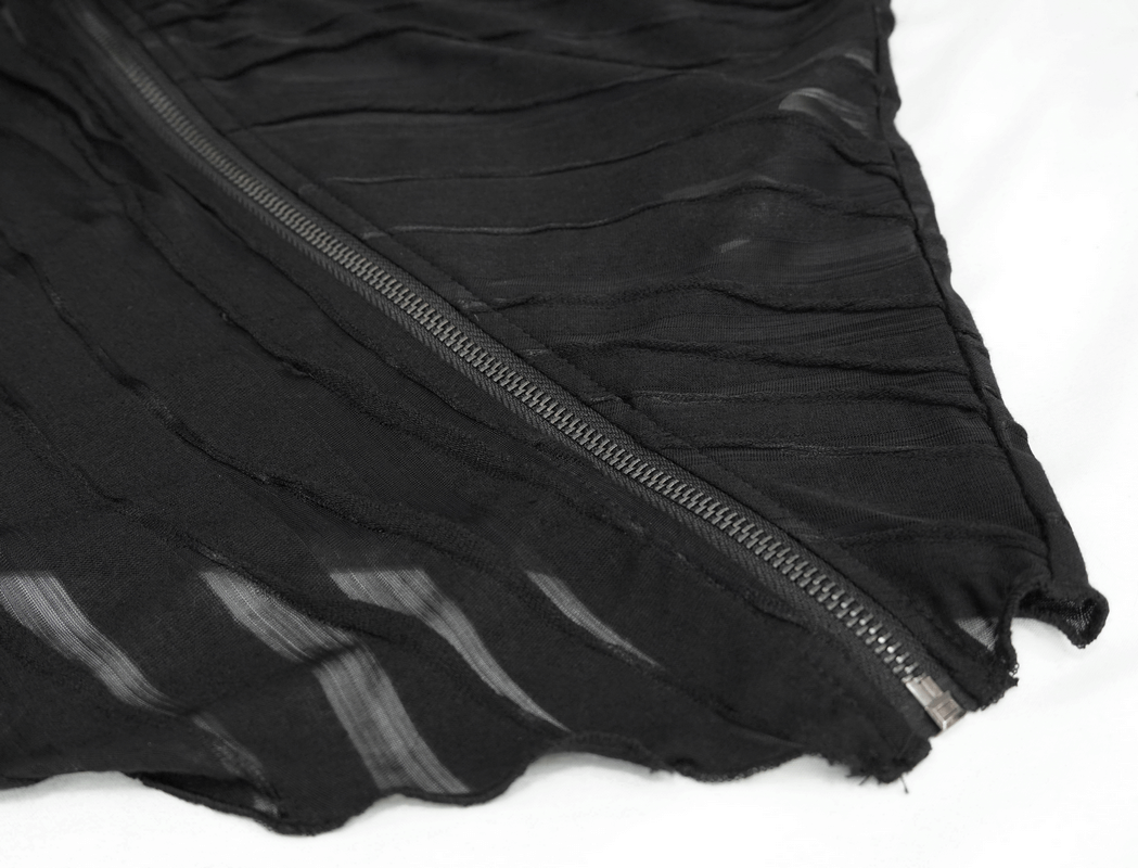 Close-up of a women's black hoodie fabric featuring a stylish zipper and textured design.