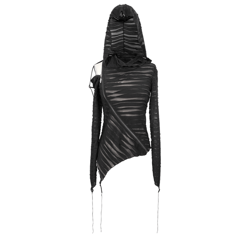 Trendy women's black elastic hoodie with oversized hood and stylish torn inserts, perfect for alternative fashion lovers.